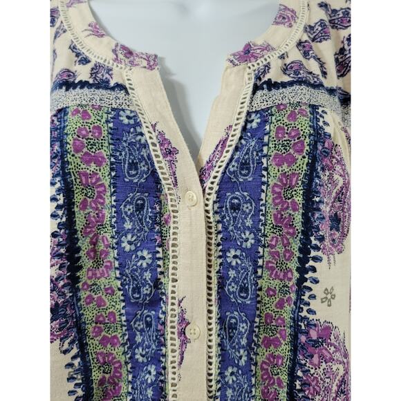 Style & Co Purple Blue Cream Floral Print Button Up Top Large Lightweight Soft - Picture 5 of 5